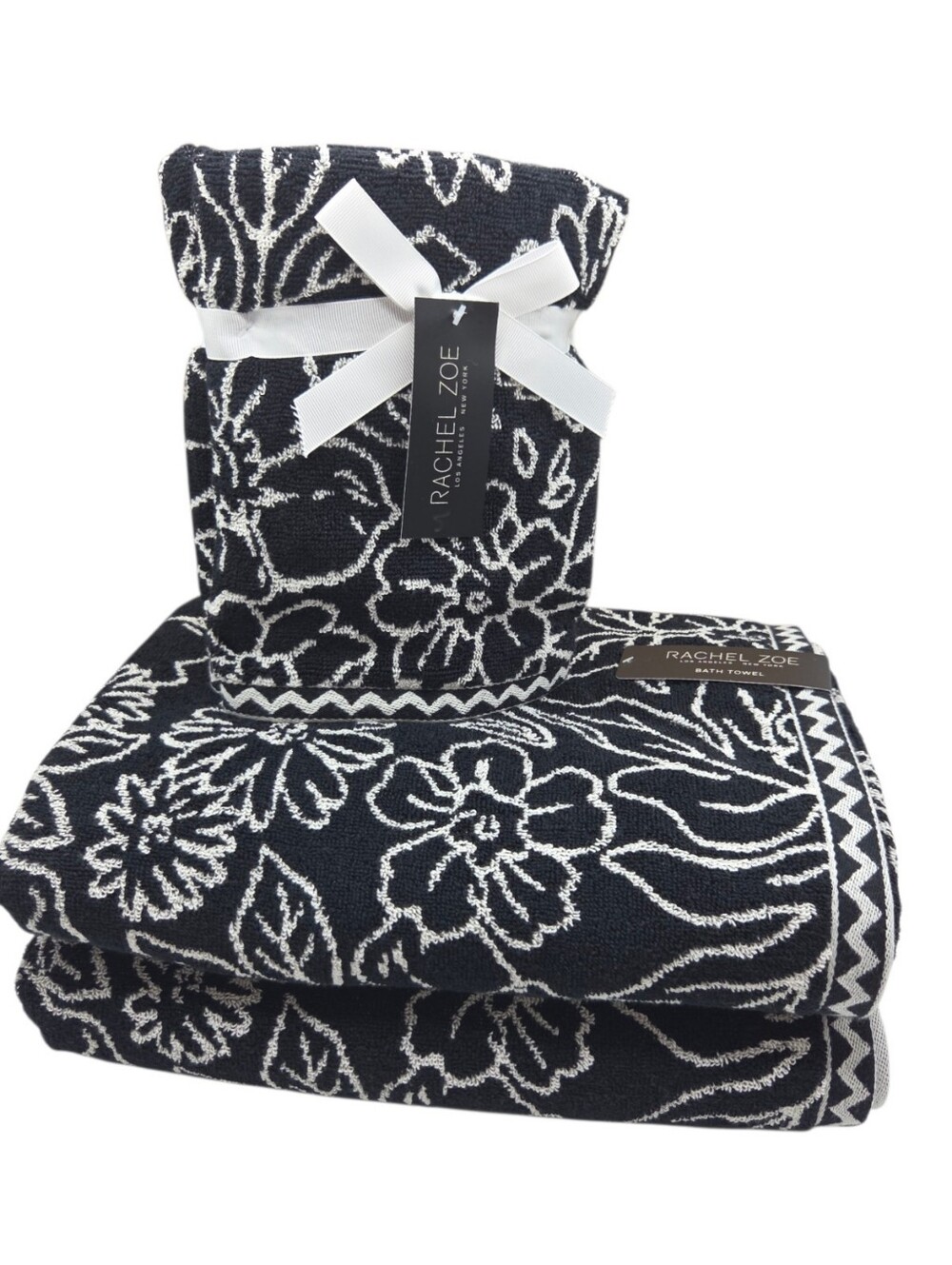 Rachel Zoe Black Ecru Floral Reversible Cotton Towel Set 4pc 2 Bath 2 Hand - Picture 2 of 12